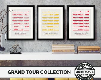 Cycling Grand Tour 2025 Posters - Elevation Maps - SET OF THREE  - Tour de France, Vuelta a España & Giro d'Italia - Bicycle Wall Art