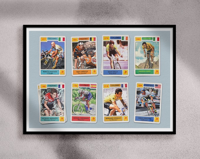 Retro Cycling Art Poster - 'Campioni Dello Ciclismo' - Classic Rider Trading Cards Print - Cadeaus voor fietsers - Beroemde fietser Art Print