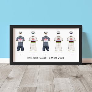 Stampa incorniciata "Monuments Men" di ciclismo - Maglie dei ciclisti vincitori della Monuments 2025, Parigi-Roubaix, Giro delle Fiandre - Stampe artistiche di ciclismo