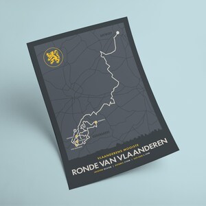 May include: A black and white map of a cycling route in Belgium, with the text "Vlaanderens Mooiste Ronde van Vlaanderen" and the location "Belgium", distance "273km", and elevation gain "7,100m".