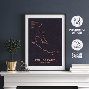 Impresión personalizada de mapa de ruta ciclista - Coll de Rates - Arte mural de bicicletas - Regalos para ciclistas