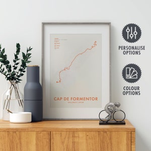 Poster de la carte de l'itinéraire cyclable du Cap de Formentor - Personnalisation et choix de couleurs - oeuvre d'art murale vélo - cadeaux pour cycliste
