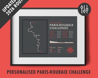May include: Framed print with a black border, displaying a map of the Paris-Roubaix Challenge route. The print includes the text "UPDATED FOR 2026 ROUTES" and "PARIS-ROUBAIX CHALLENGE". The background is dark grey with white and red accents.