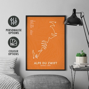 Póster con mapa de la ruta ciclista de Alpe du Zwift: opciones de personalización y color: arte mural de ciclismo en interiores de Watopia: regalos para ciclistas