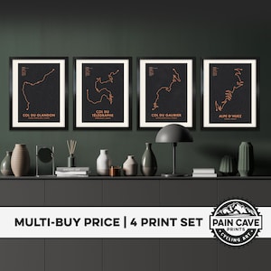 La Marmotte Radweg Karte Poster - Französische Alpen Besteigungen Wandkunst - 4er SET - Personalisierungs- & Farboptionen - Geschenke für Radsportler