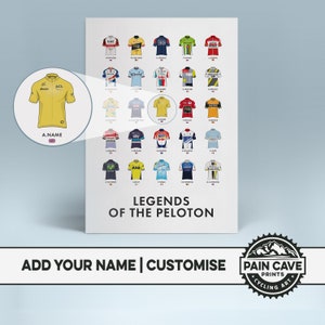 Póster de ciclismo personalizado: impresión artística de ciclismo 'Leyendas del pelotón' - Arte mural con maillot de ciclista - Ideas para regalos de ciclismo