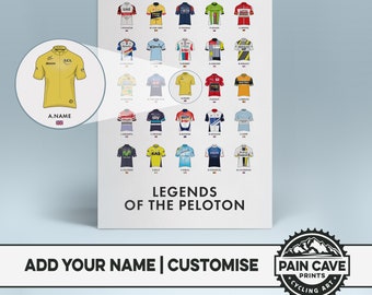 Poster personalizzato per ciclismo - Stampa artistica per ciclismo "Legends of the Peloton" - Stampa artistica da parete con maglia da ciclista - Idee regalo per il ciclismo