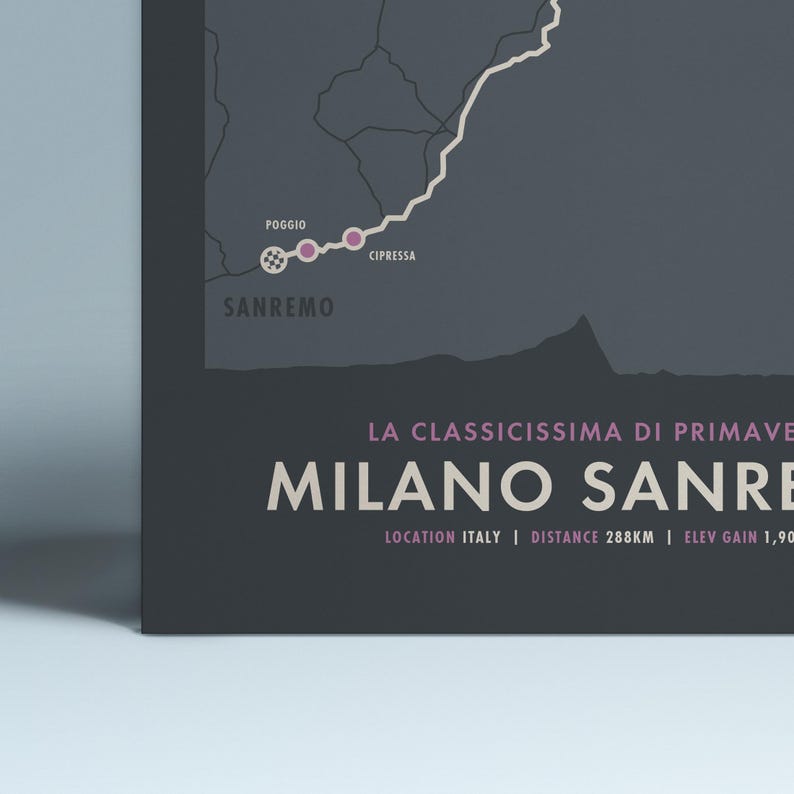 May include: A black and white map of the Milano-Sanremo cycling race route. The route is highlighted in white and includes the names of key locations, such as Poggio and Cipressa. The text "LA CLASSICISSIMA DI PRIMAVERA" and "MILANO SANREMO" are displayed in white text. The text "LOCATION ITALY | DISTANCE 288KM | ELEV GAIN 1,901M" is displayed in white text.