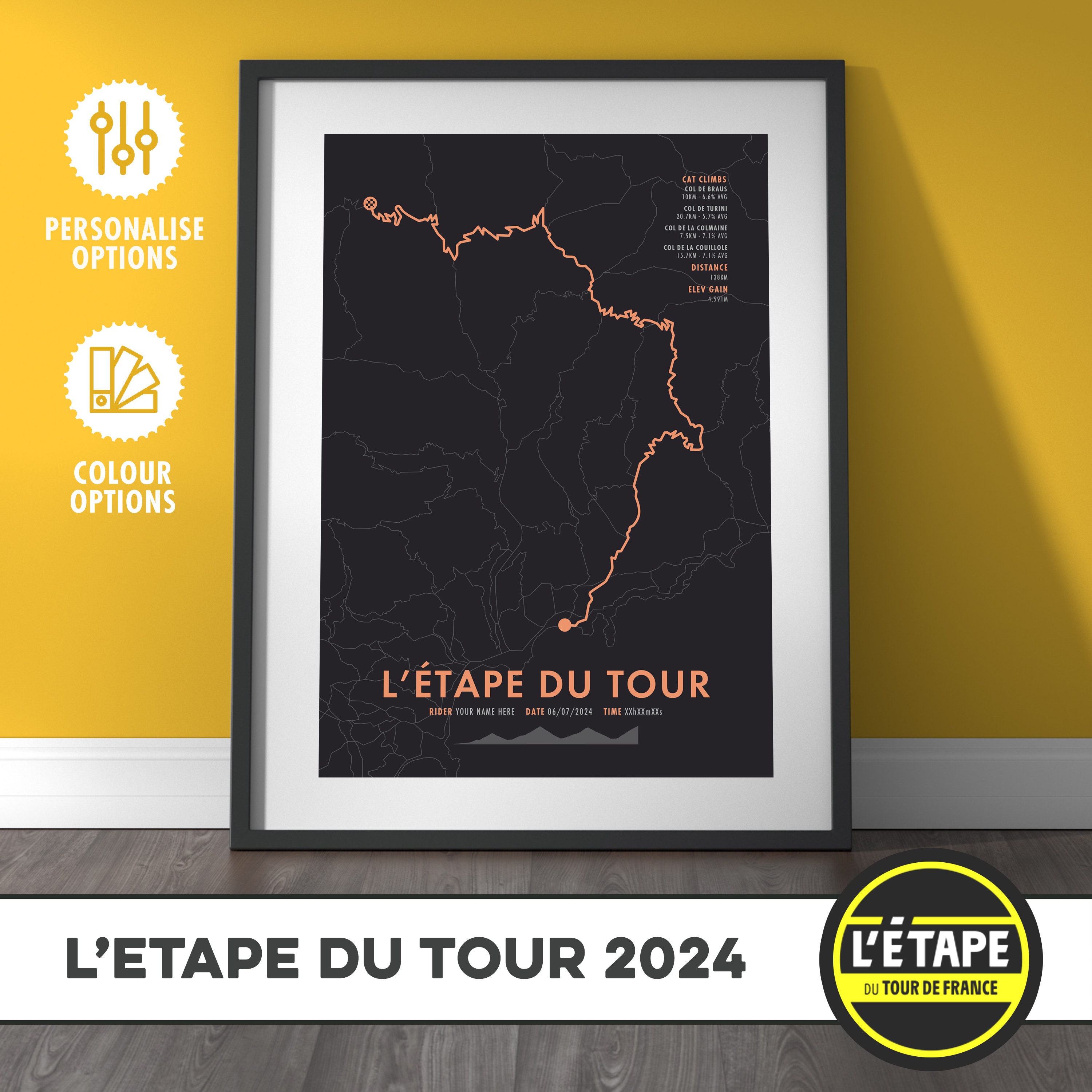L'Etape du Tour 2024 - Cycling Route Map - Personalisation & Colour Options - Bicycle Wall Art - Cyclist Gifts