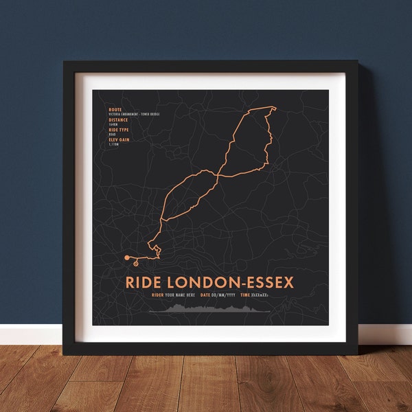 RideLondon-Essex 100 - Personnalisation et options de carte du parcours - Art mural vélo - Cadeaux pour cycliste