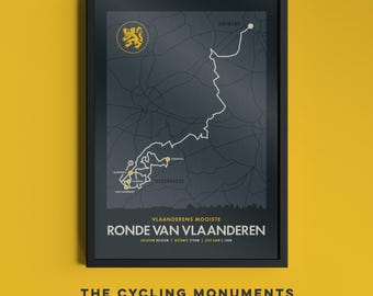 De Ronde - Cycling Monuments Route Map - Tour of Flanders Bicycle Wall Art - Gifts for Cyclists