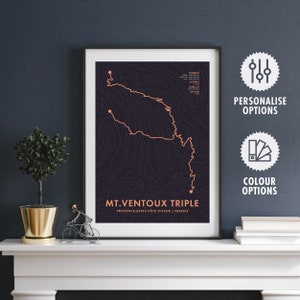Mont Ventoux verdreifachen - Personalisierter Fahrradweg Karte Druck - Fahrrad Wandkunst - Geschenke für Radsportler