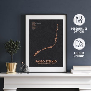 Póster del mapa de la ruta ciclista del Paso Stelvio - Personalización y opciones de color - Arte mural de bicicletas - Regalos para ciclistas