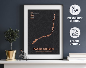 Passo Stelvio Cycling Route Map Poster - Personalisation & Colour Options - Bicycle Wall Art - Cyclist Gifts