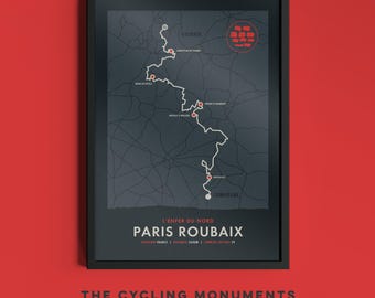 Paris-Roubaix - Cycling Monuments Route Map - Hell of the North Bicycle Wall Art - Gifts for Cyclists