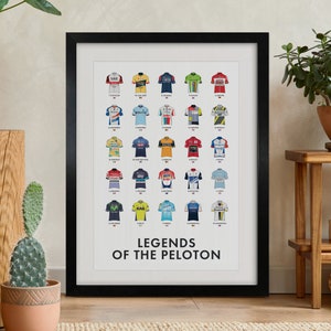 Cycling Art Poster 'Legends of the Peloton' - Cycling Print Gifts - Grand Tour & Monuments Winners  - Famous Cyclist Jerseys Bike Art Print