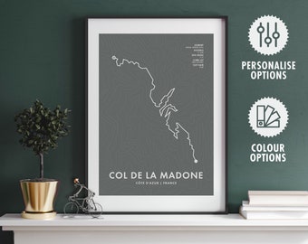 Col de La Madone Radweg Karte Poster - Personalisierungs- & Farboptionen - Fahrrad Wandkunst - Radfahrer Geschenke