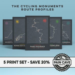 Colección de monumentos ciclistas - Conjunto de cinco grabados - Milano Sanremo, Ronde Van Vlaanderen, Paris Roubaix, Liège Bastogne Liège, Il Lombardia
