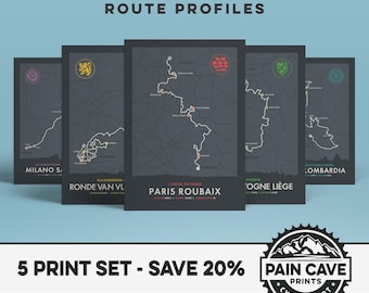 The Cycling Monuments Collection - Five Print Set - Milano Sanremo, Ronde Van Vlaanderen, Paris Roubaix, Liège Bastogne Liège, Il Lombardia