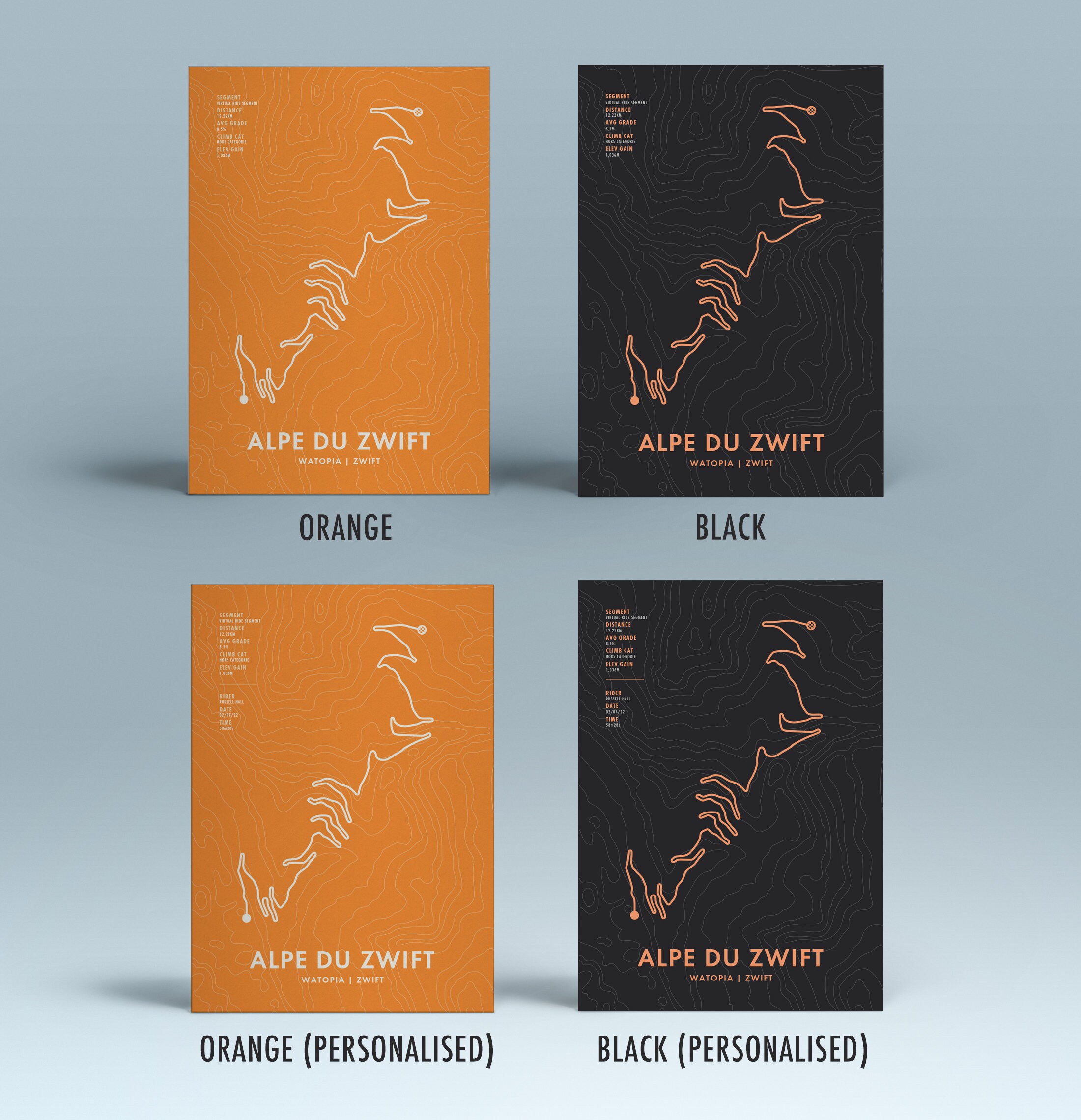 Alpe Du Zwift Cycling Route Map Poster Personalisation & Colour Options