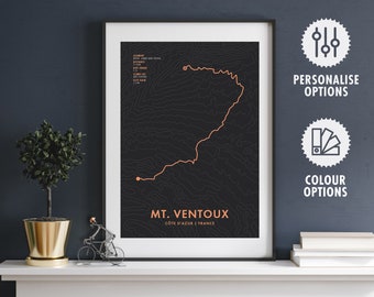 Personalised Cycling Route Map Print - Mont Ventoux - Bicycle Wall Art - Cyclist Gifts