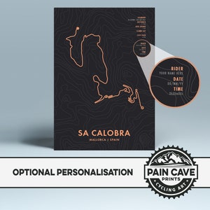 May include: A black and white cycling art print featuring a topographic map of the Sa Calobra climb in Mallorca, Spain. The print includes the text "Sa Calobra, Mallorca | Spain" and a space for the rider's name, date, and time.