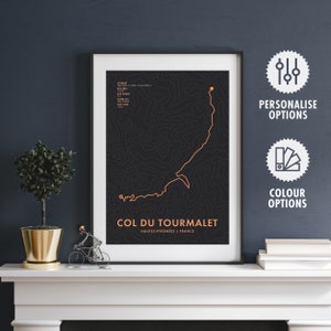 Col du Tourmalet Radweg Karte Poster - Personalisierungs- & Farboptionen - Fahrrad Wandkunst - Geschenke für Radsportler