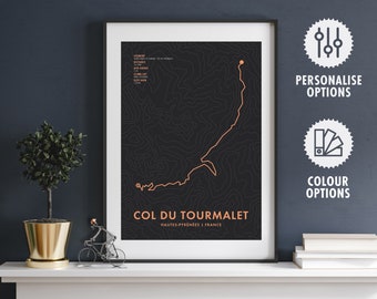 Col du Tourmalet Cycling Route Map Poster - Personalisation & Colour Options - Bicycle Wall Art - Cyclist Gifts