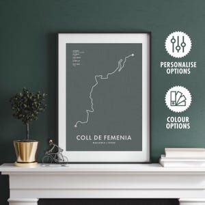 Plakat z mapą trasy rowerowej Coll de Femenia - personalizacja i opcje kolorystyczne - sztuka ścienna z rowerem - prezenty dla rowerzystów