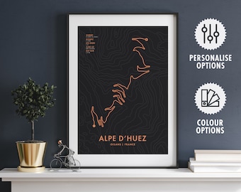 Alpe d'Huez Cycling Route Map Poster - Personalisation & Colour Options - Bicycle Wall Art - Cyclist Gifts