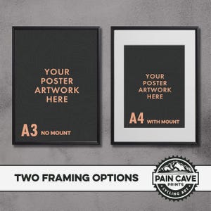 May include: Two framing options for a poster or artwork. The left image shows a black frame with a black and white design and the text "A3 NO MOUNT". The right image shows a white frame with a black and white design and the text "A4 WITH MOUNT". Both images have the text "YOUR POSTER ARTWORK HERE". The bottom of the image shows a logo with the text "PAIN CAVE PRINTS *CYCLING ART*".