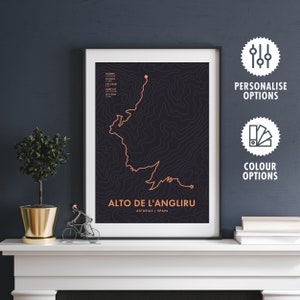 Alto de L'Angliru - Impressão de mapa de rota de ciclismo personalizado - Arte de parede de bicicleta - Presentes para ciclistas