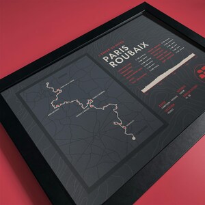 May include: A black and white map of the Paris-Roubaix cycling race route. The map shows the course of the race, including the cobblestone sections. The text "L'Enfer du Nord" is visible at the top of the map, which translates to "Hell of the North".