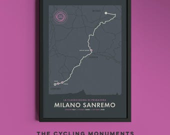Milano-Sanremo - Cycling Monuments Route Map - La Primivera Bicycle Wall Art - Gifts for Cyclists