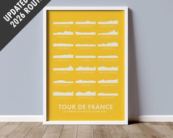 Stampa artistica Tour de France 2026 - Mappe altimetriche del percorso ciclistico - Regali a tema ciclismo - Quadri motivazionali per la bicicletta
