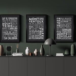 Typografische posters European Cycling Climbs - SET VAN DRIE - Muurkunst fietsroute - Cyclist Gifts