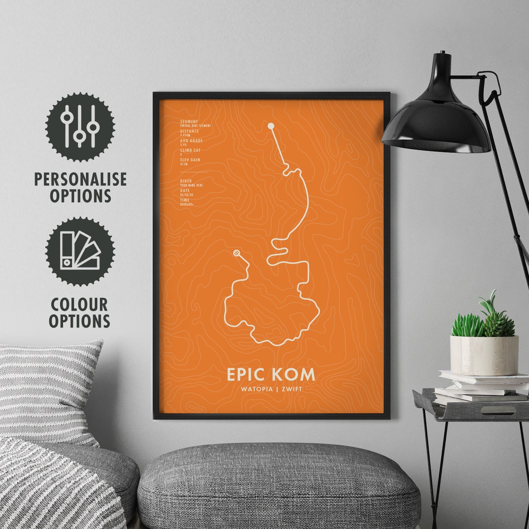 Watopia Epic KOM Zwift Cycling Route Map Poster Personalisation