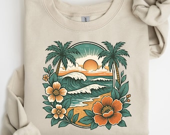 Beach Floral Sweatshirt: Retro Summer Ocean Vibe