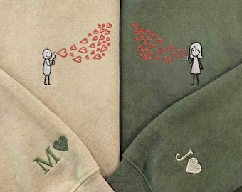 Heart Bubble Couples Sweatshirt, Custom Embroidered Crewneck with Initial Heart On Sleeve