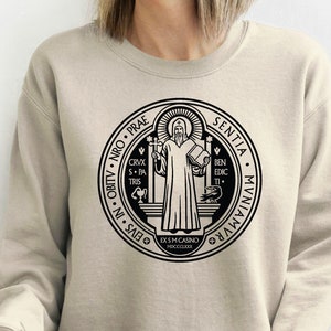 Traditional Catholic Latin Sweatshirt Benedictine Medal Sweatshirt Catholic Sweatshirt for Women Saint Benedict of Nursia Sweatshirt