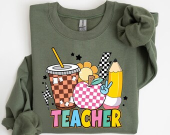 Funny Teacher Sweatshirt: Apple Pencil Coffee Design