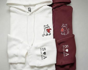 Custom Date and Initial Hoodie, Matching Couple Sweatshirt, Embroidered Cat Puzzle Heart, Personalized Sleeve Gift