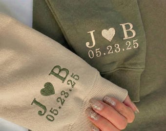 Couples Matching Hoodie with Sleeve Embroidery, Personalized Anniversary Sweatshirt with Initials and Date Printed