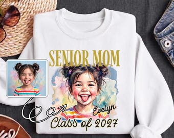 Watercolor Effect Senior Mom 2027 Sweatshirt, Custom Children Portrait Grad Hoodie