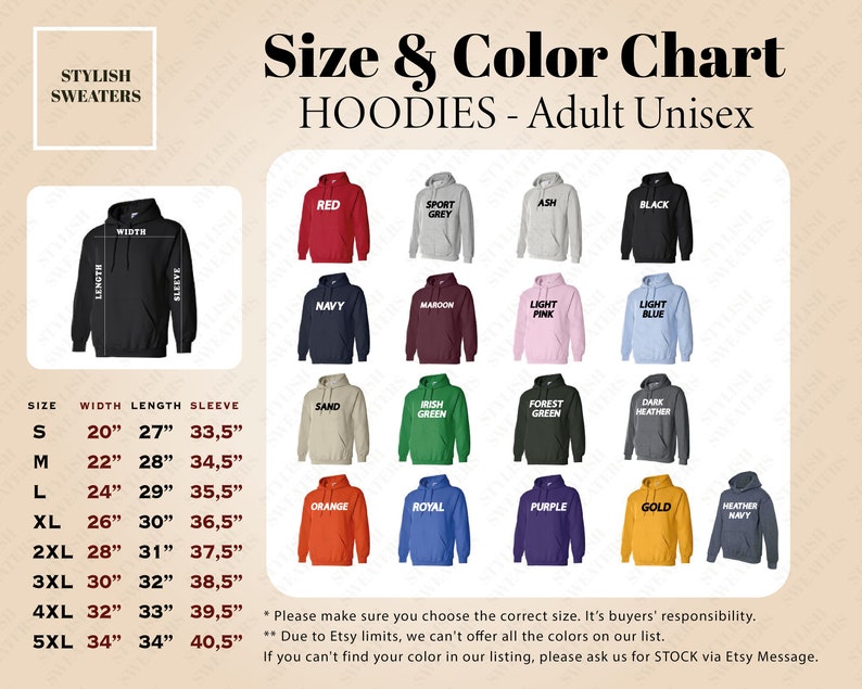 May include: Size and color chart for adult unisex hoodies. The chart shows different colors and sizes of hoodies with measurements in inches. The colors include red, sport grey, ash, black, navy, maroon, light pink, light blue, sand, Irish green, forest green, dark heather, orange, royal, purple, gold, and heather navy.