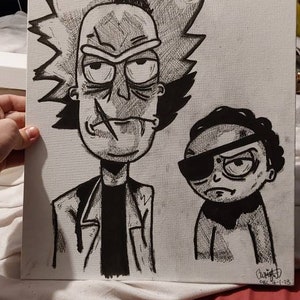 May include: Black and white pen and ink drawing of two cartoon characters on a white canvas. The characters are Rick and Morty from the animated television series Rick and Morty. The drawing is signed and dated.