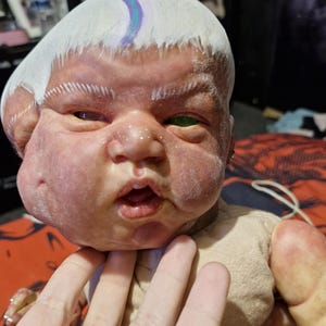 May include: A realistic baby doll with a white painted head and a green eye. The doll is wearing a beige onesie and has a painted blue and purple stripe on its forehead.