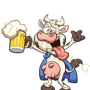 May include: A cartoon cow wearing a blue cape and holding a glass of beer. The cow has a surprised expression on its face and its tongue is sticking out.