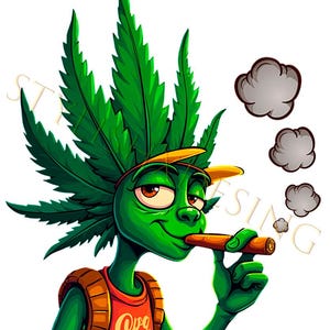 May include: A cartoon character with green skin and a marijuana leaf for hair is wearing a red shirt with the word "Coog" on it. The character is holding a cigar in its mouth and blowing smoke rings.