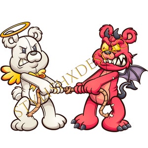 May include: A white teddy bear with a halo and yellow wings is pulling on a rope with a red teddy bear with horns and a tail. The red teddy bear has a devilish expression.
